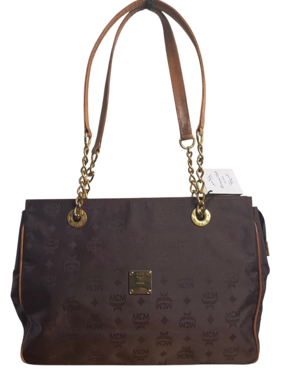 MCM Brown Logo Canvas Shoulder Tote with Gold Chain Handles - Picture 2 of 15